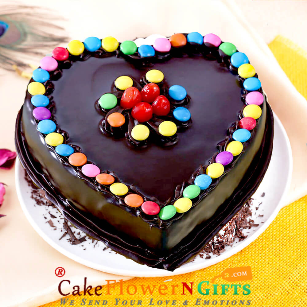 send half kg chocolate truffle gems cake heart shape delivery